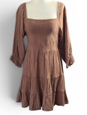 Rebellion Gauze Brown Smocked  Square-Neck Mini Dress